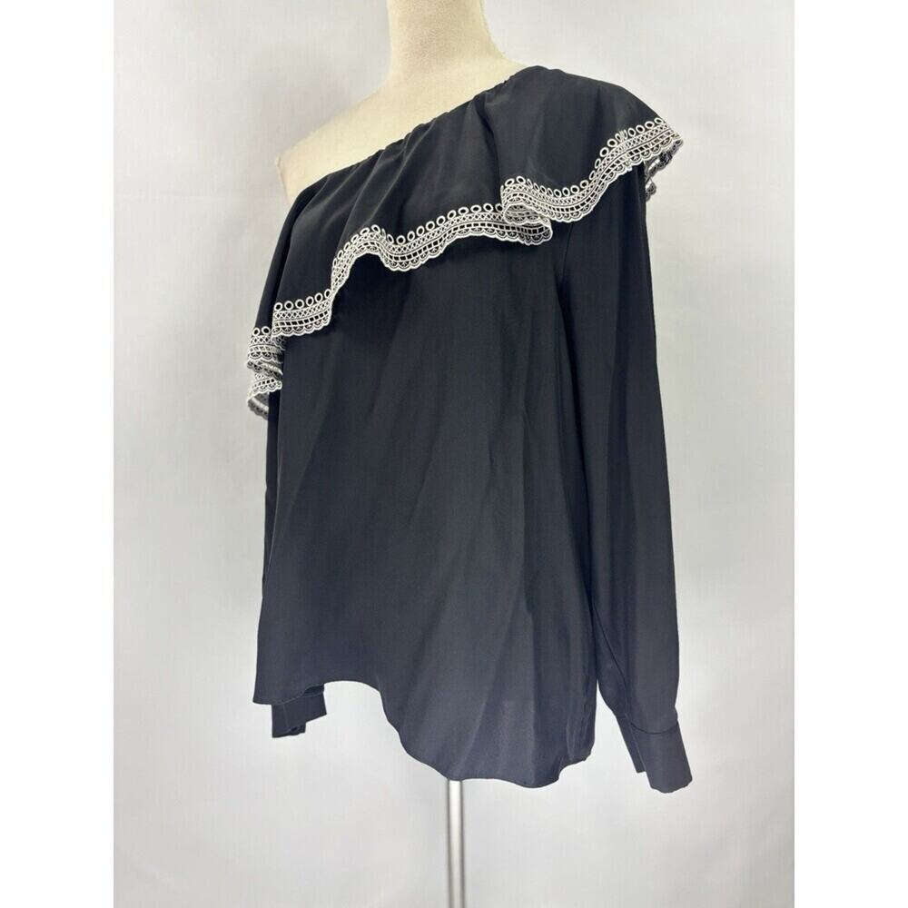 Parker One Shoulder Silk Top Black White Trim Medium Ruffled Asymmetrical